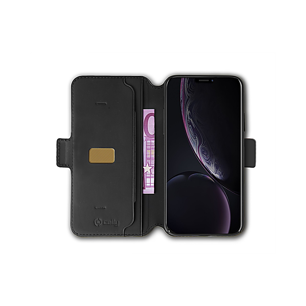Custodia nera con smartphone e banconota. La custodia è aperta, mostrando lo schermo e i soldi.