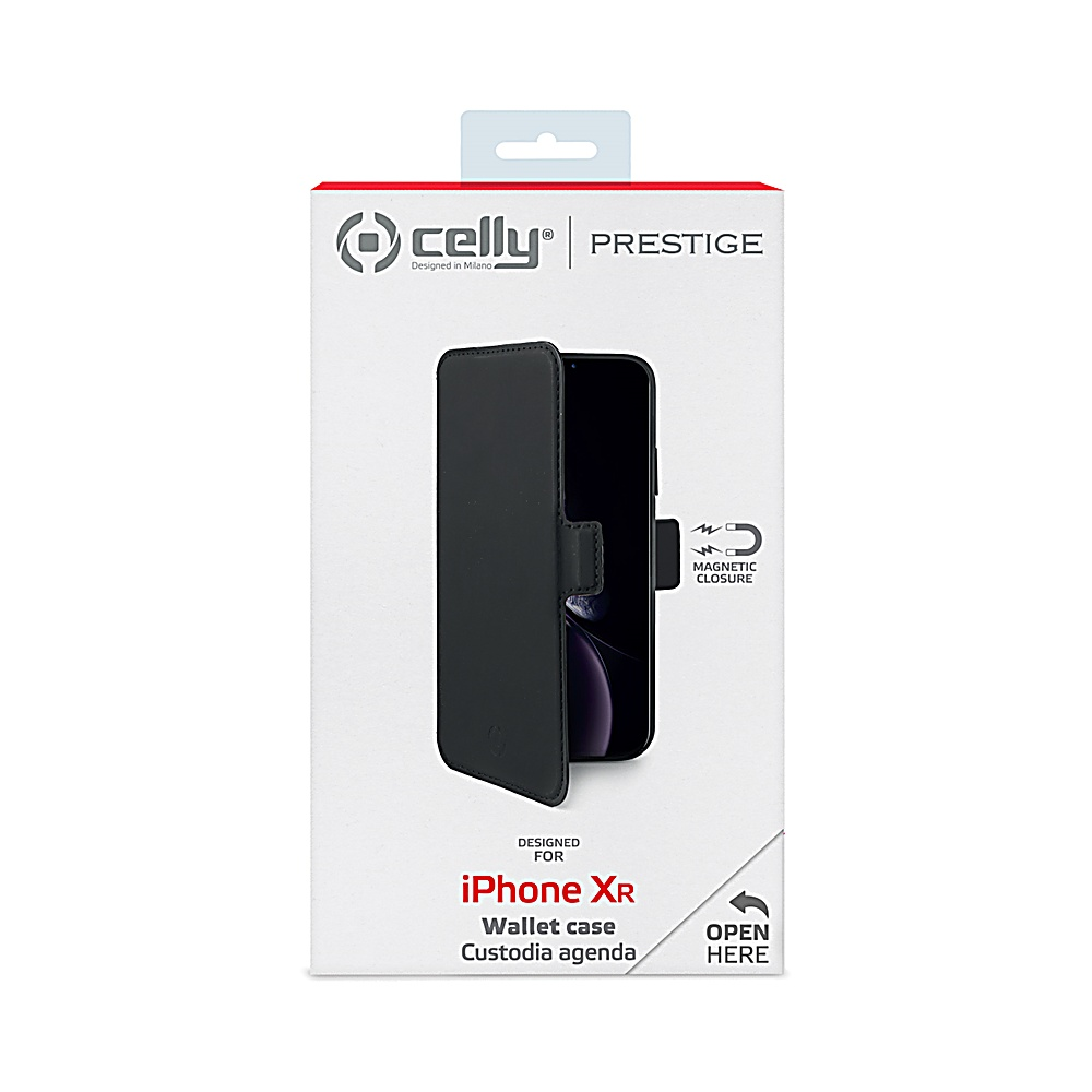Una scatola per custodia per telefono con una custodia a portafoglio nera per iPhone XR. La scatola ha il marchio Celly e il testo "PRESTIGE".