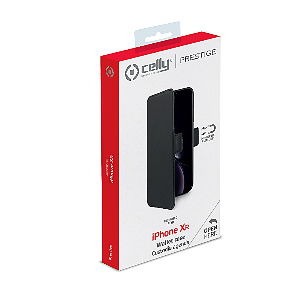 Una scatola per custodia per telefono con una custodia per iPhone XR. La scatola è bianca con i lati rossi. Ha il logo Celly e "Prestige".