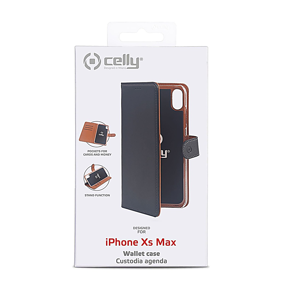 Una scatola di custodia per telefono con una custodia a portafoglio grigio scuro. Ha bordi marroni e una chiusura magnetica. La scatola dice 'iPhone Xs Max' e 'Celly'.