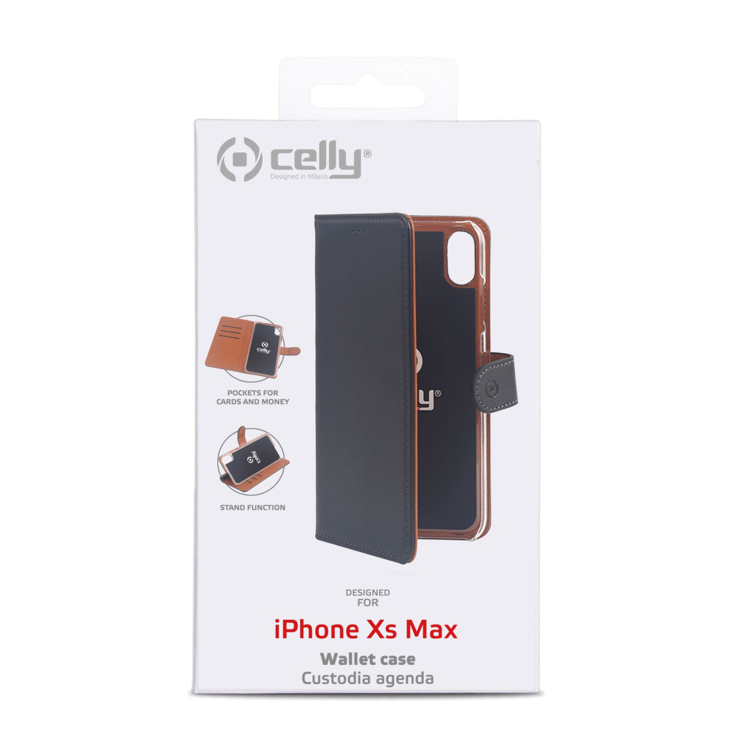 Una scatola di custodia per telefono. La scatola mostra una custodia con tasche per carte, funzione stand e il logo iPhone Xs Max.