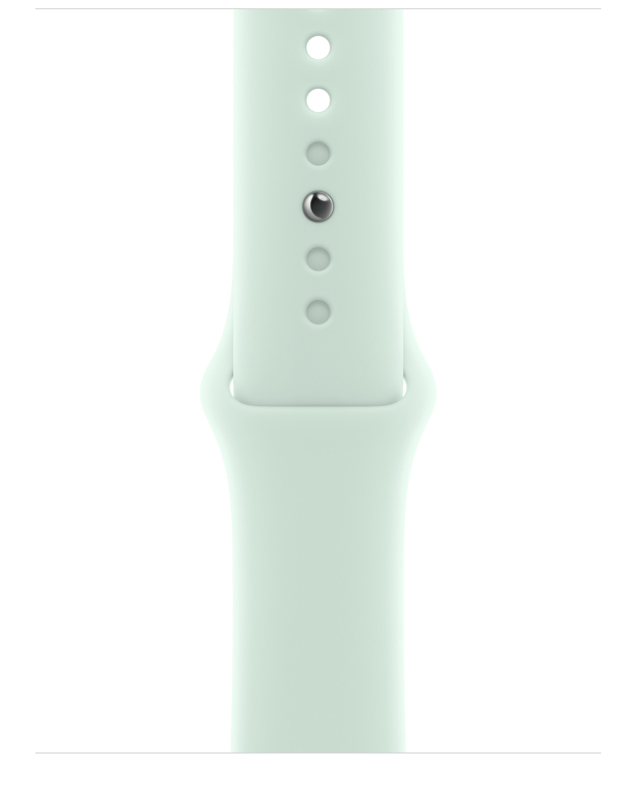 Pokazano jasnozielony pasek do Apple Watch. Ma kilka otworów i metalowe zapięcie. Tło jest białe.