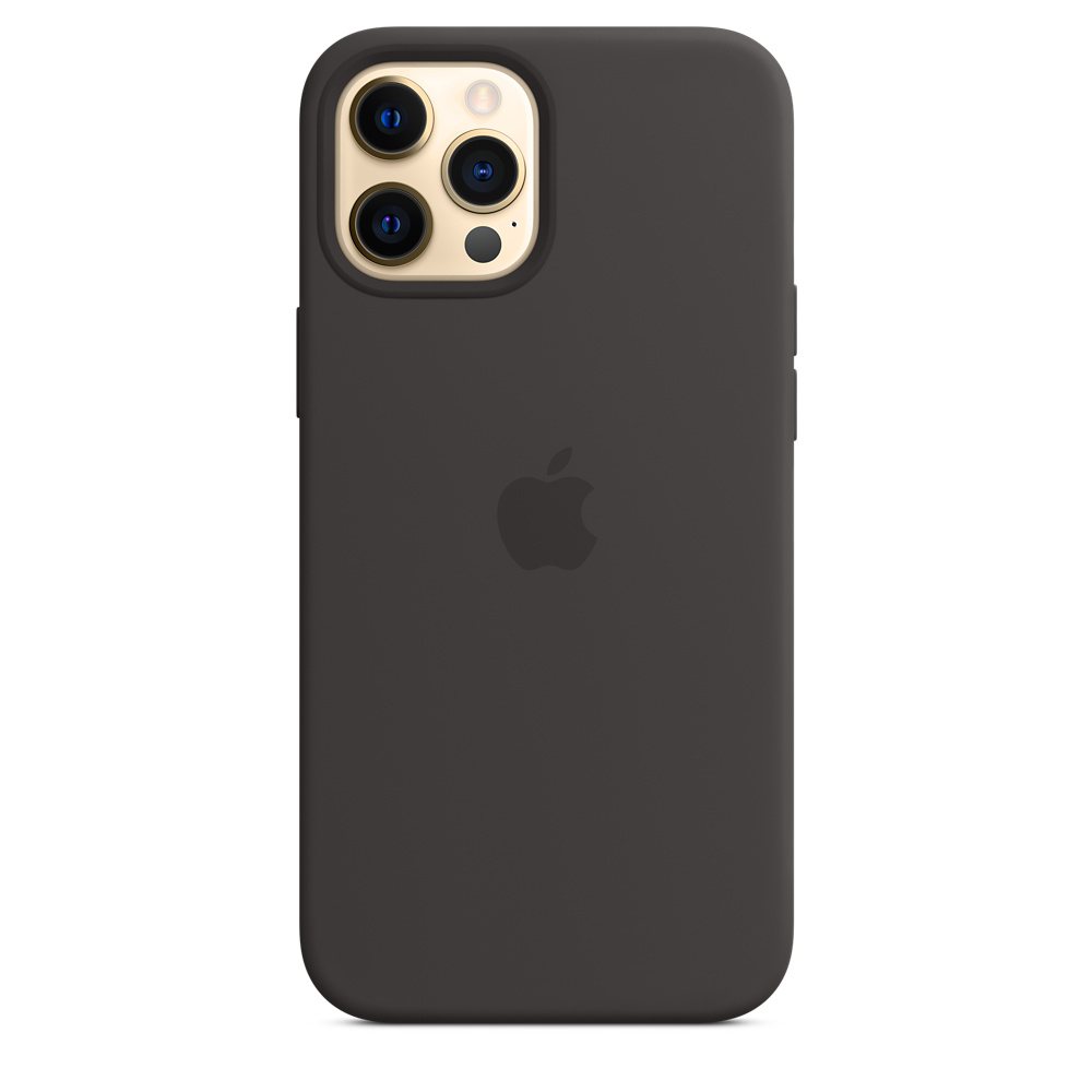 Una custodia grigio scuro per iPhone con tre obiettivi. Un logo Apple è centrato. Il retro del telefono è liscio.