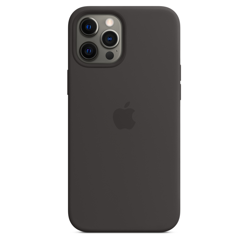 Una custodia per iPhone grigio scuro con tre obiettivi della fotocamera. Il logo Apple è visibile. La custodia è liscia e ha angoli arrotondati.