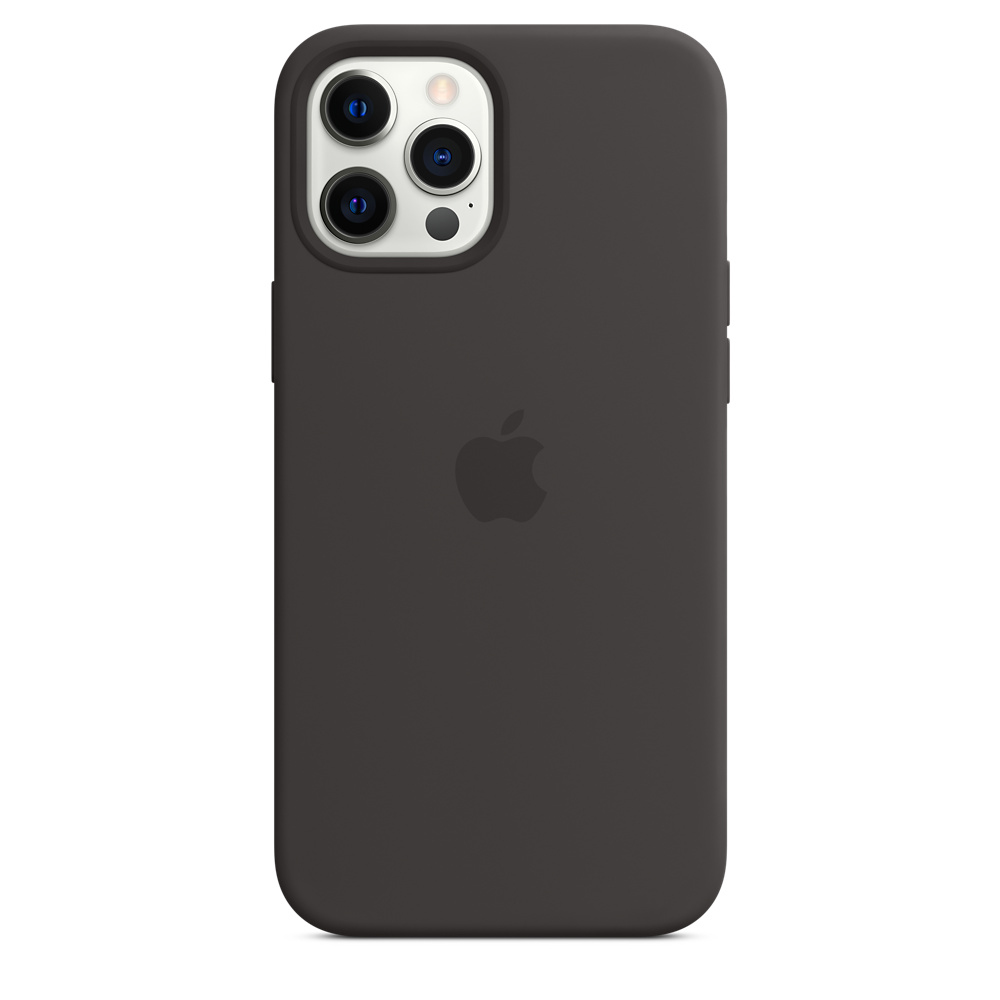 Una custodia grigio scuro per iPhone con tre lenti della fotocamera e il logo Apple. La custodia è liscia e copre retro e lati del telefono.