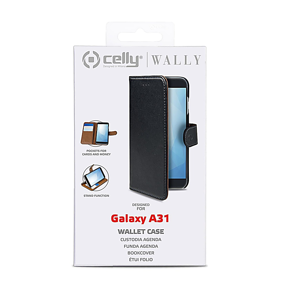 Una custodia a portafoglio per Galaxy A31. La custodia nera è aperta, che mostra un telefono all'interno. Il testo dice 'Wallet Case' e 'Celly Wally'.