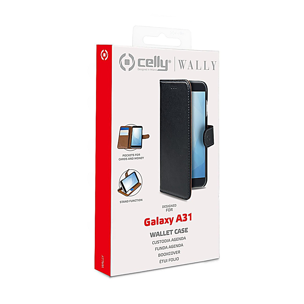 Una scatola per custodia del telefono. Dice 'celly WALLY' e 'Galaxy A31'. La custodia è nera, con un telefono all'interno.