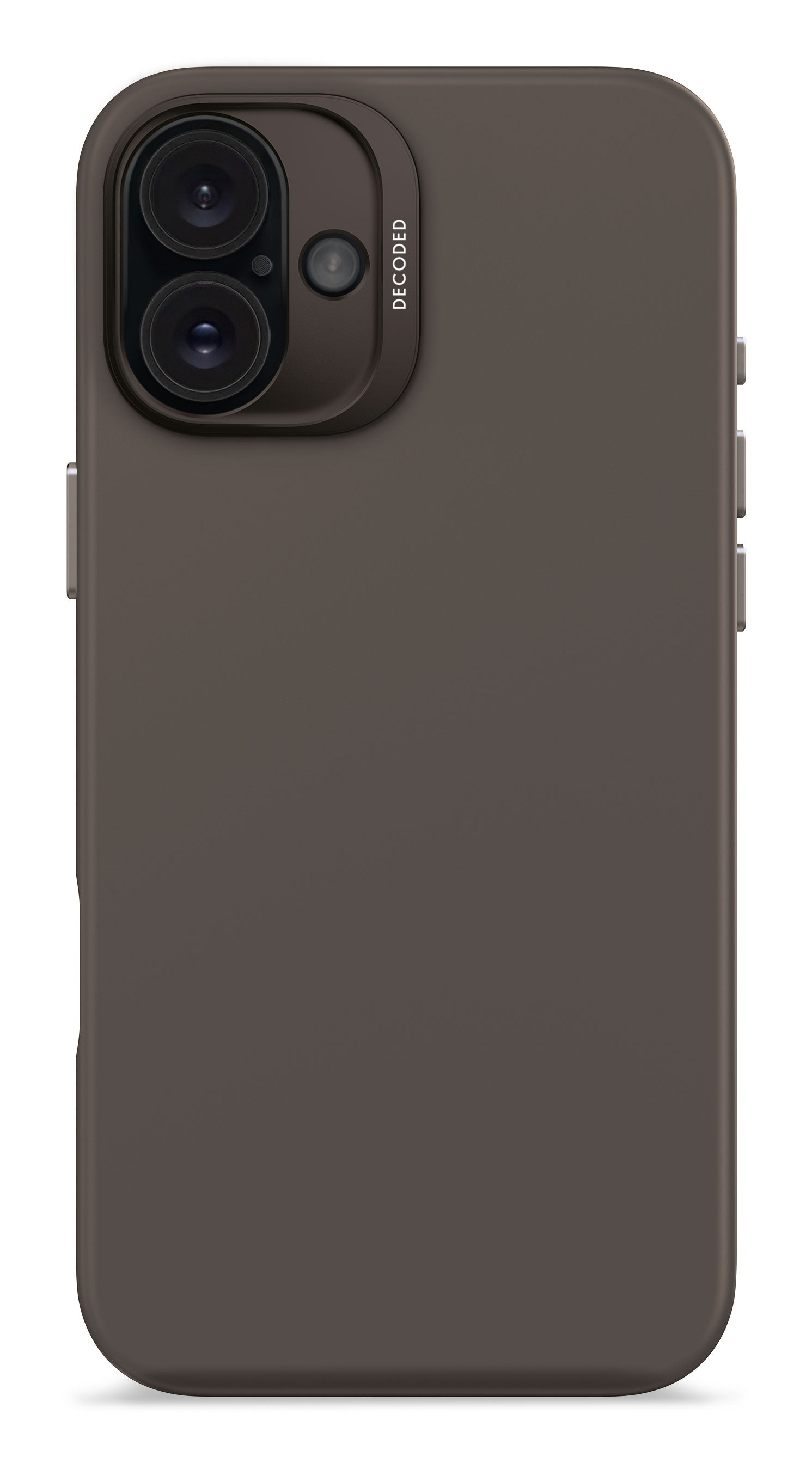 Una custodia per telefono marrone scuro. Presenta un rigonfiamento della fotocamera con due lenti e un flash. Il marchio 'DECODED' è visibile.