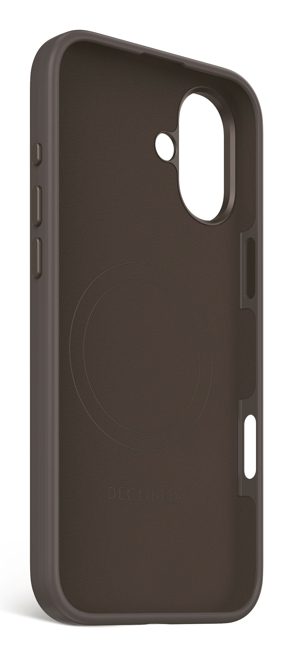Una custodia marrone per telefono, con fori per la fotocamera e i pulsanti, e la scritta DECODED in basso.