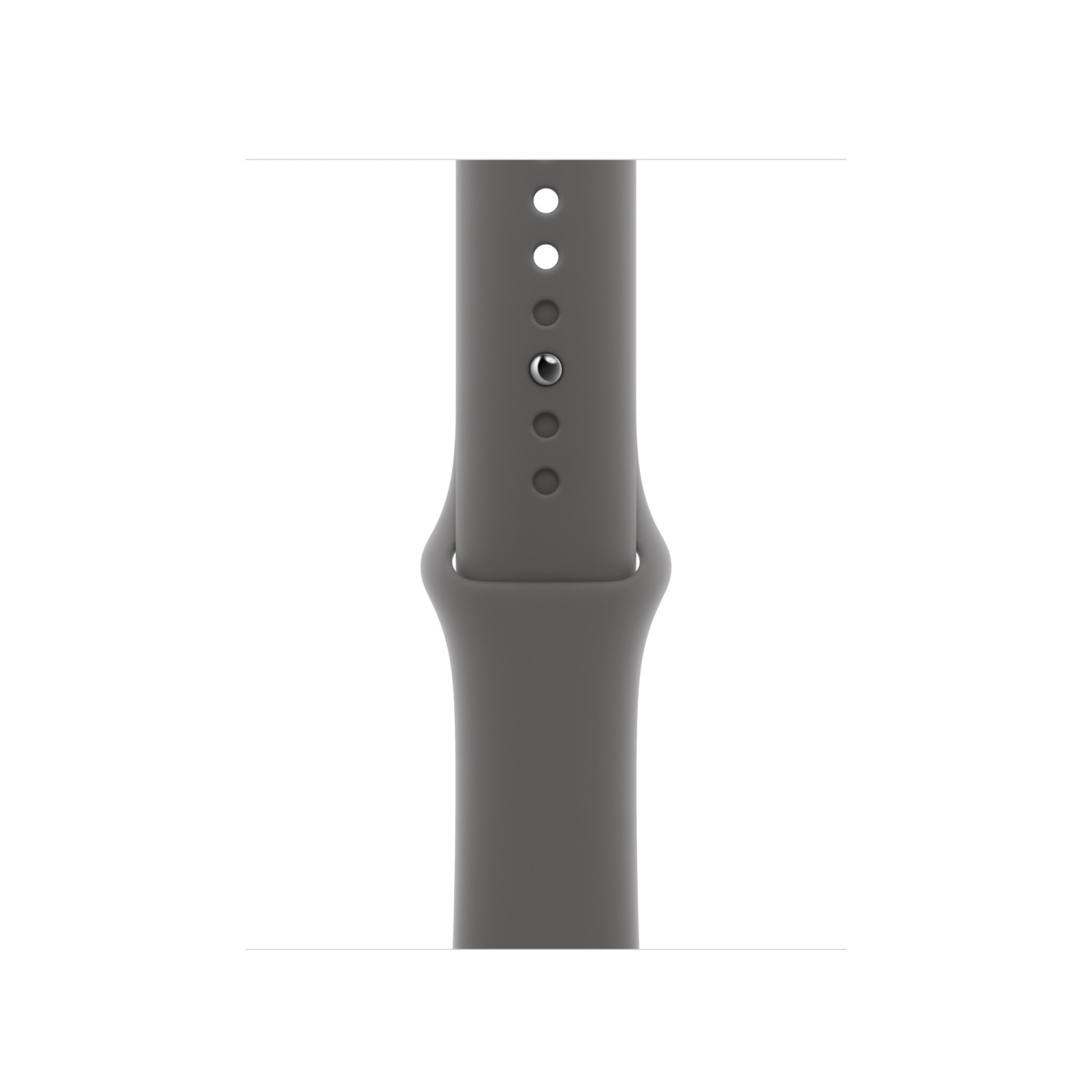 Un cinturino grigio per Apple Watch. Il cinturino ha più fori e un perno per fissarlo. Sfondo bianco.