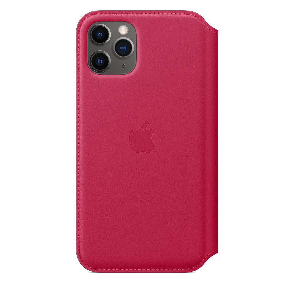 A red iPhone case with the Apple logo, covering the phone. Triple-lens camera visible at the top left.