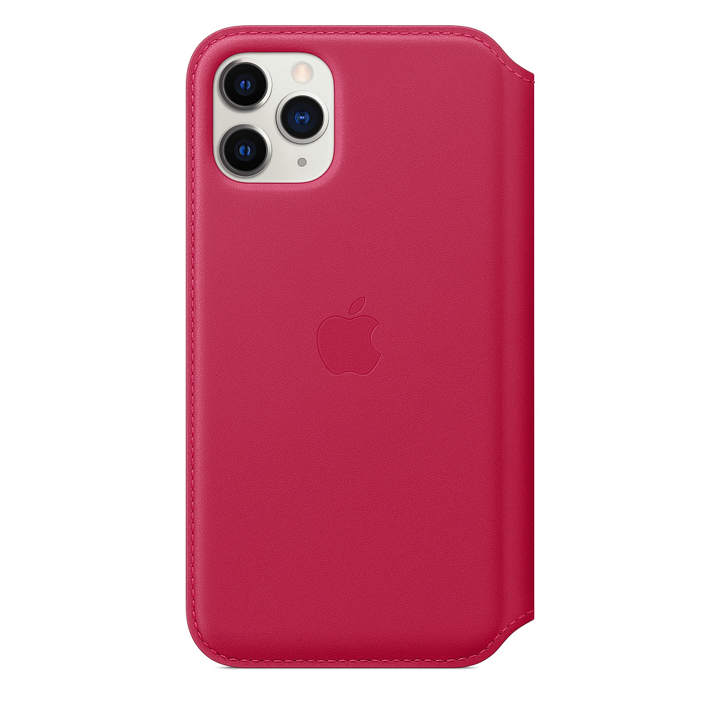 A red leather iPhone case with the Apple logo. The case has a camera cutout and a folio cover.
