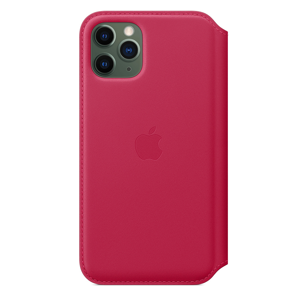 A red leather iPhone case. The case has a cutout for the camera and the Apple logo is embossed on the back.