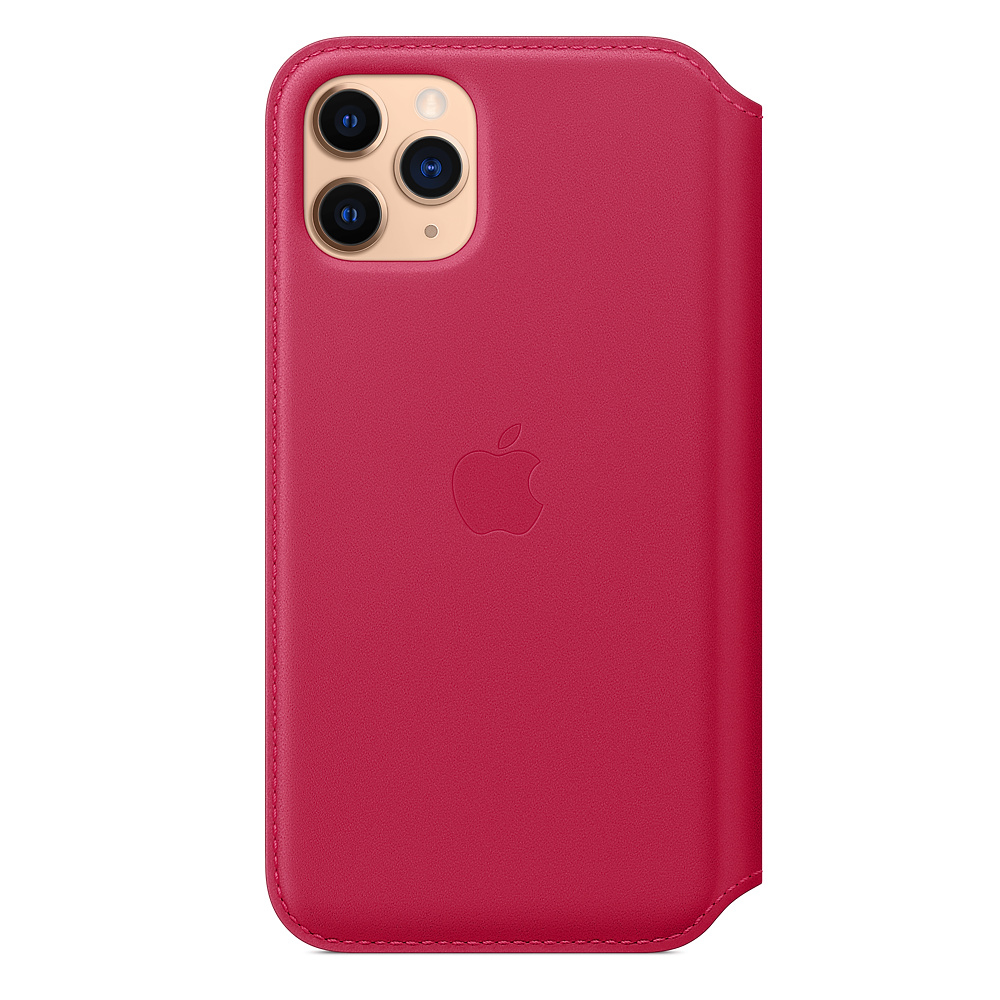 A red iPhone case with the Apple logo. It has a camera cutout and a flap on the side for screen protection.