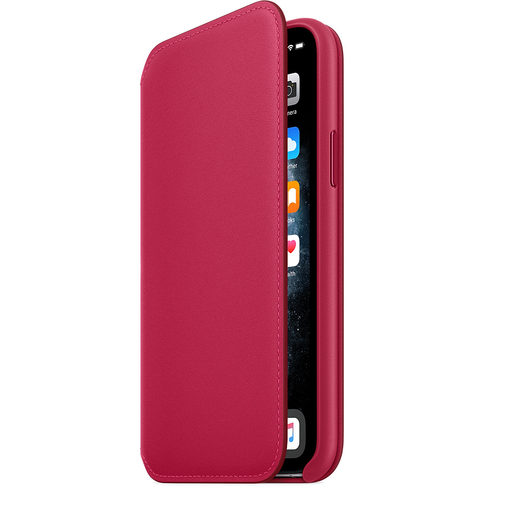 A red phone case is open, revealing a phone with app icons. The case is open on the left. The phone's side buttons are visible.