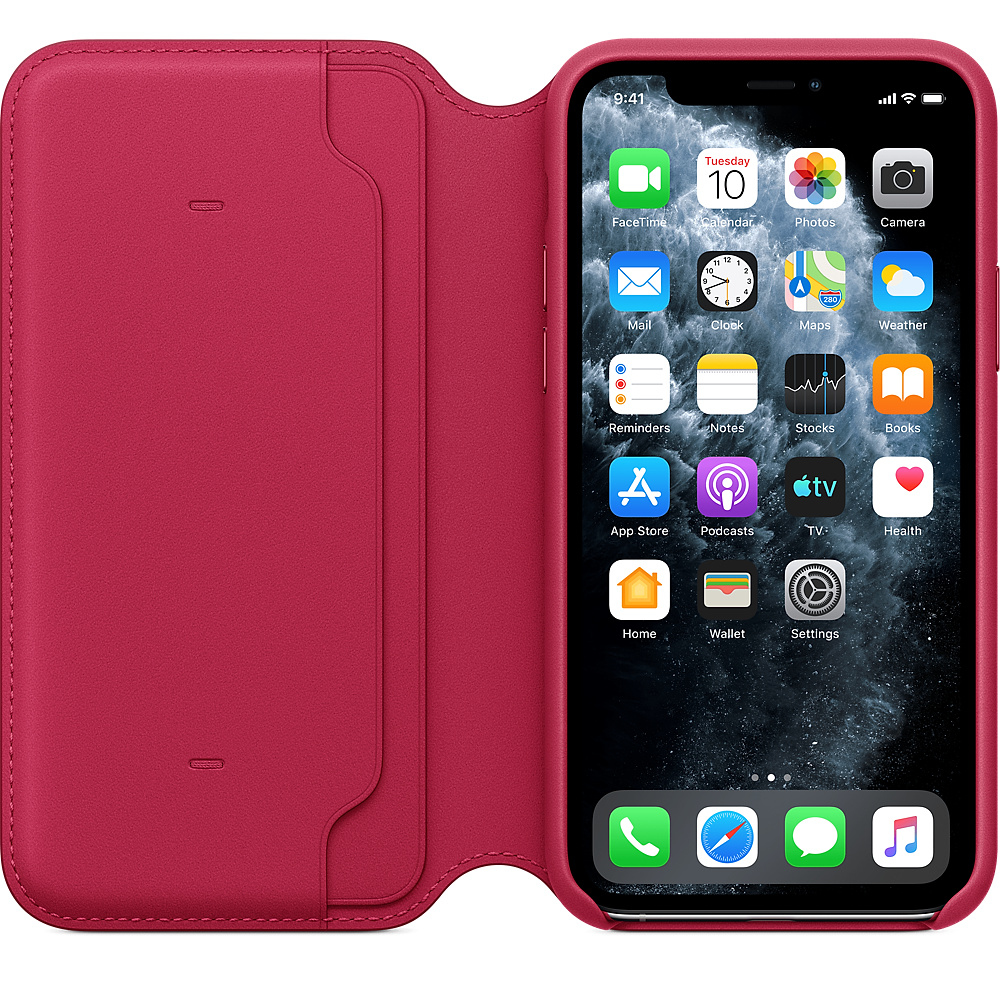A red iPhone in a matching case. The screen displays apps like Calendar, Camera, and Mail. The time is 9:41.