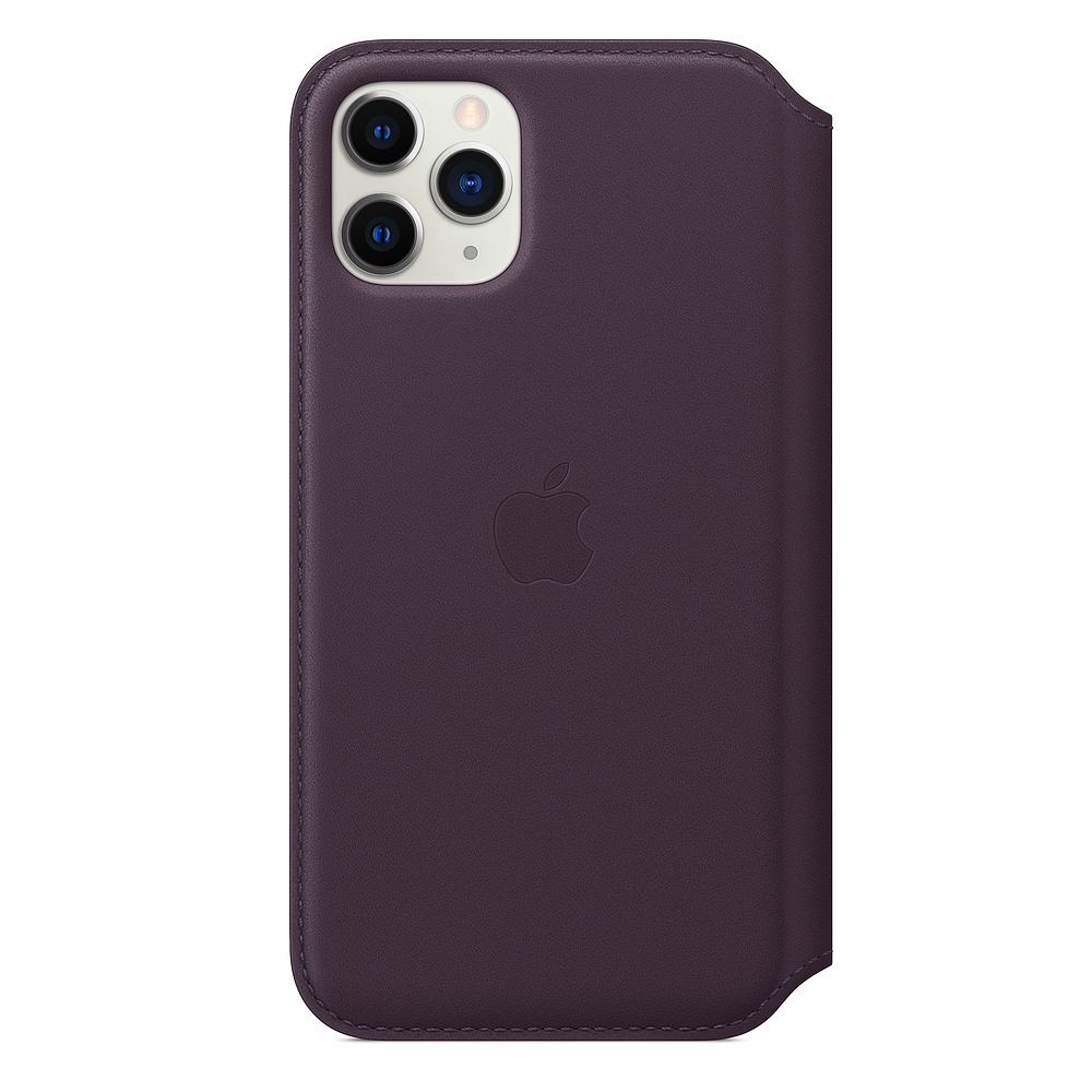 A dark purple leather iPhone case. It has the Apple logo and a triple-lens camera. The case is closed.