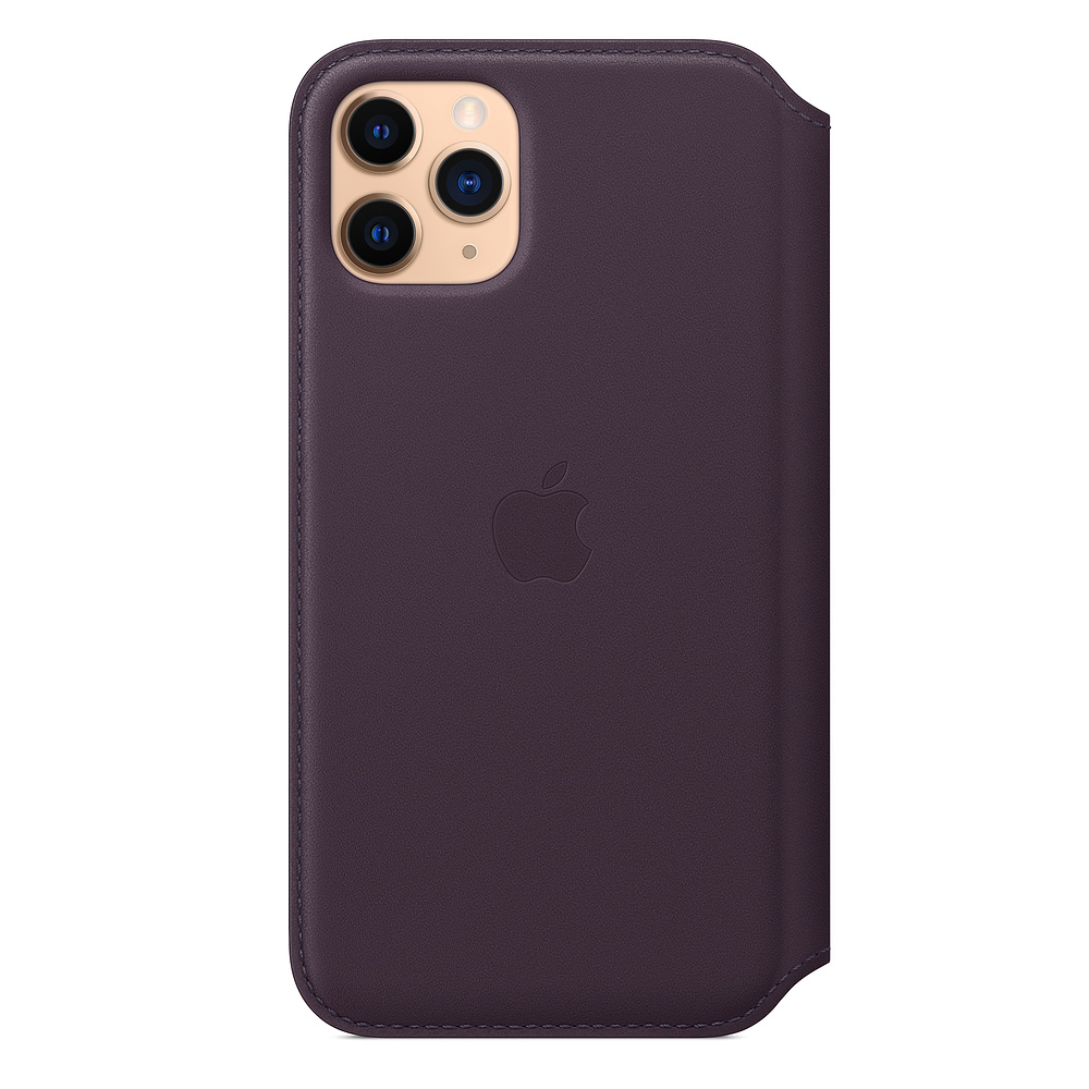 A dark purple iPhone case with the Apple logo embossed. The phone has three camera lenses and a flash. The case is leather.