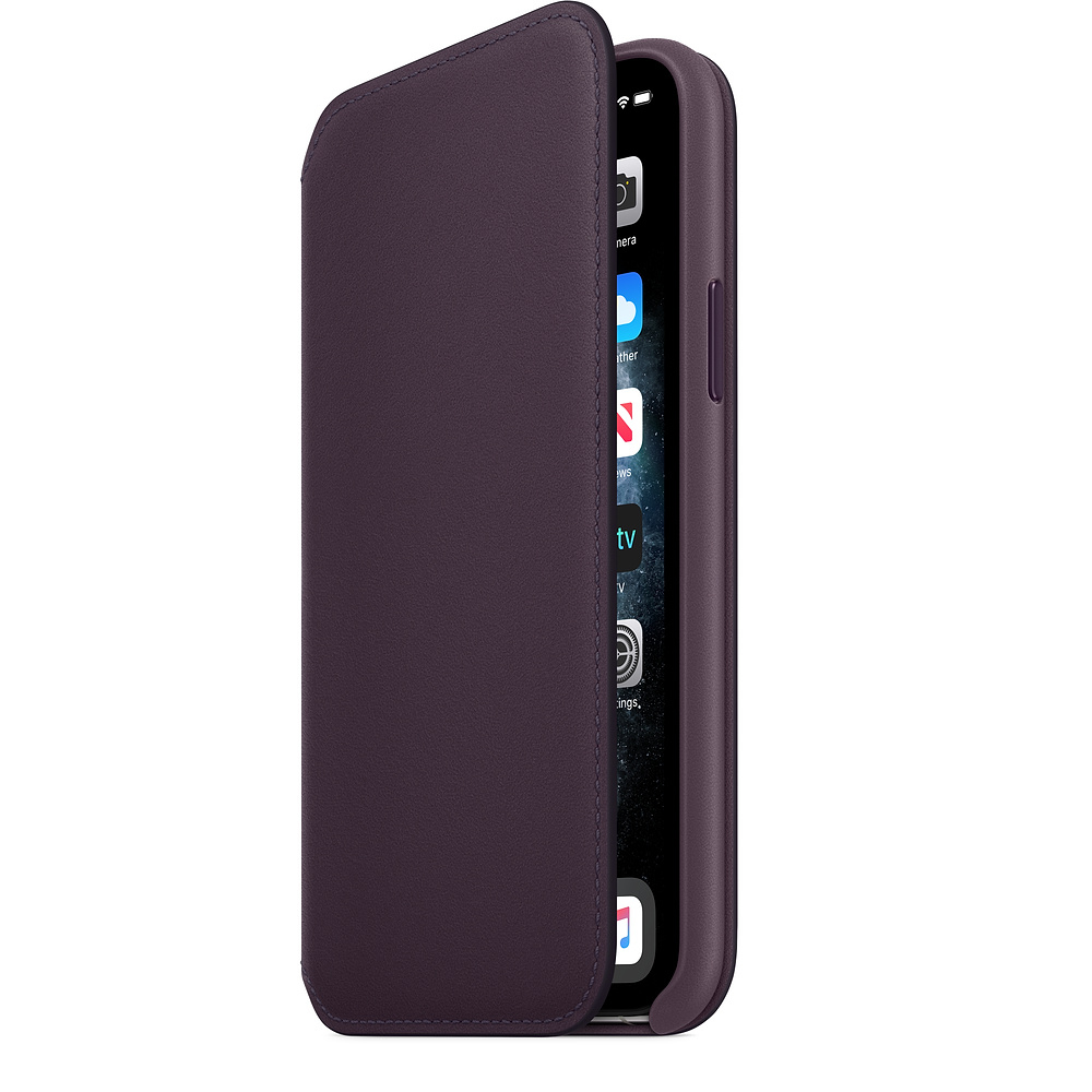 A purple phone case with the phone inside. The case is open, showing the phone's screen with apps.