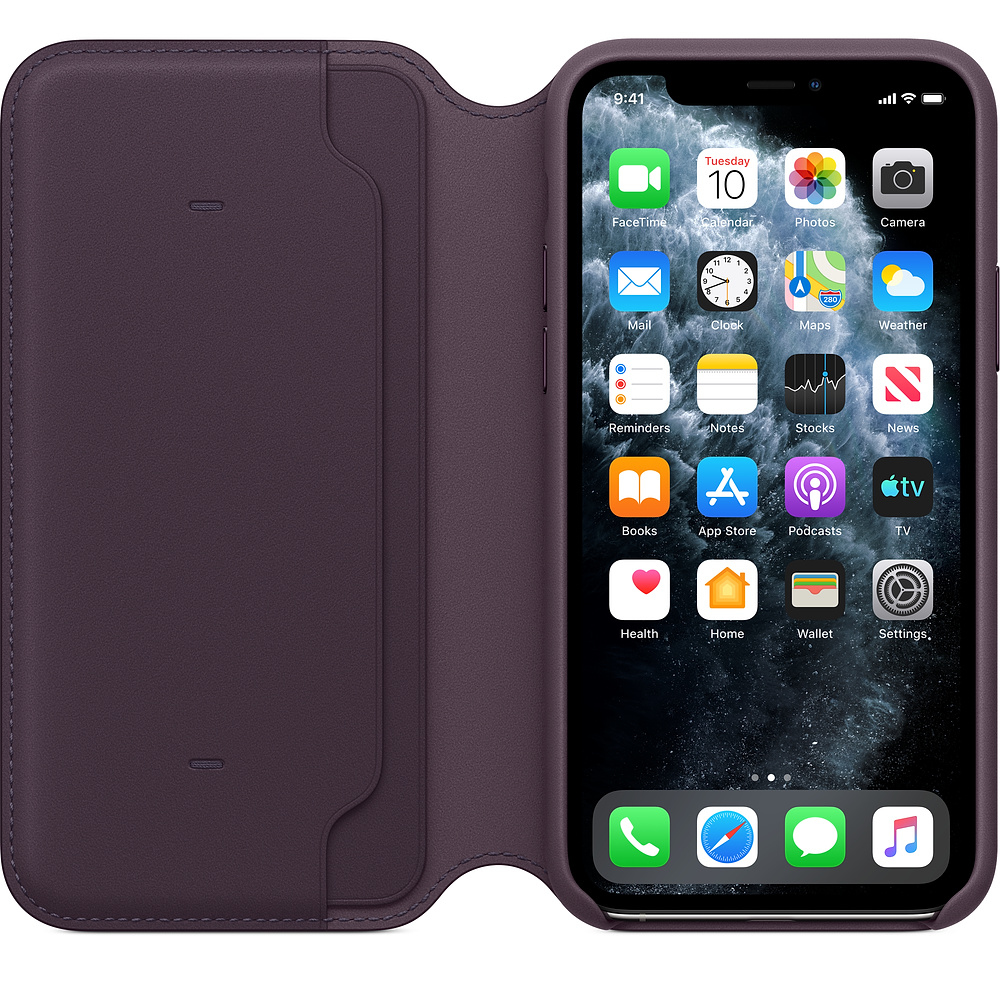 An iPhone displaying its home screen is in a purple case. The screen shows app icons, including FaceTime, Calendar, and Camera.
