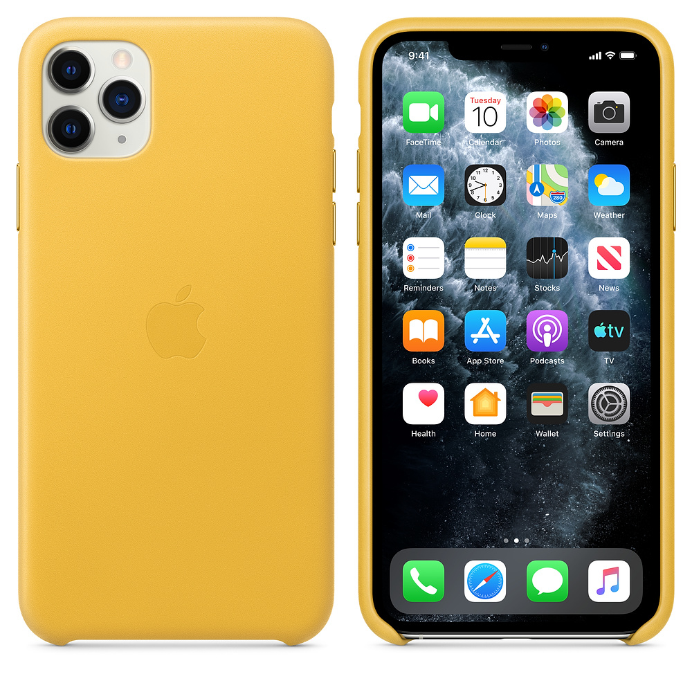 Een gele iPhone 11 Pro met het scherm aan, met app-pictogrammen. Ernaast een gele telefoonhoes.