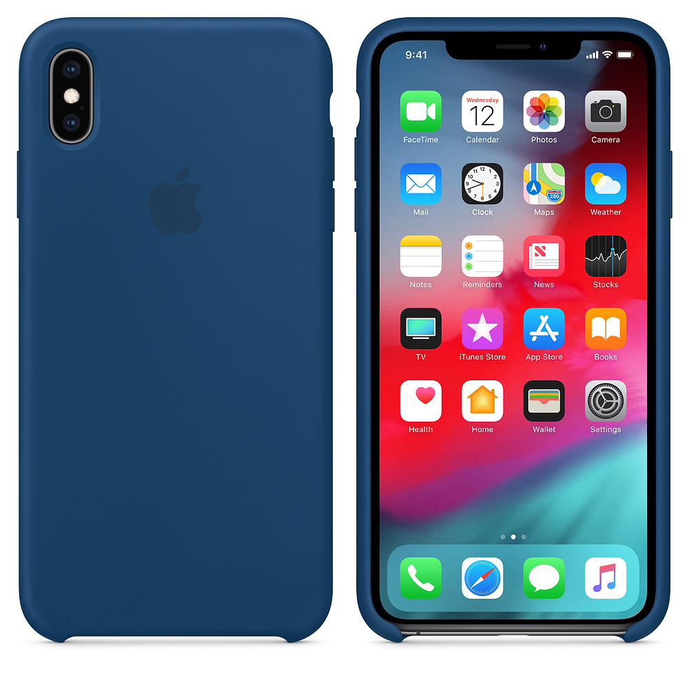 Un iPhone X dans un étui bleu foncé, avec l'écran affichant diverses icônes d'applications.