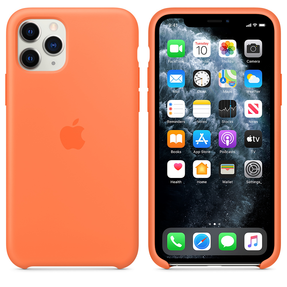 Un iPhone orange dans un étui. L'écran affiche des icônes d'applications, dont FaceTime, Calendrier, Photos et Appareil photo, sur fond noir.