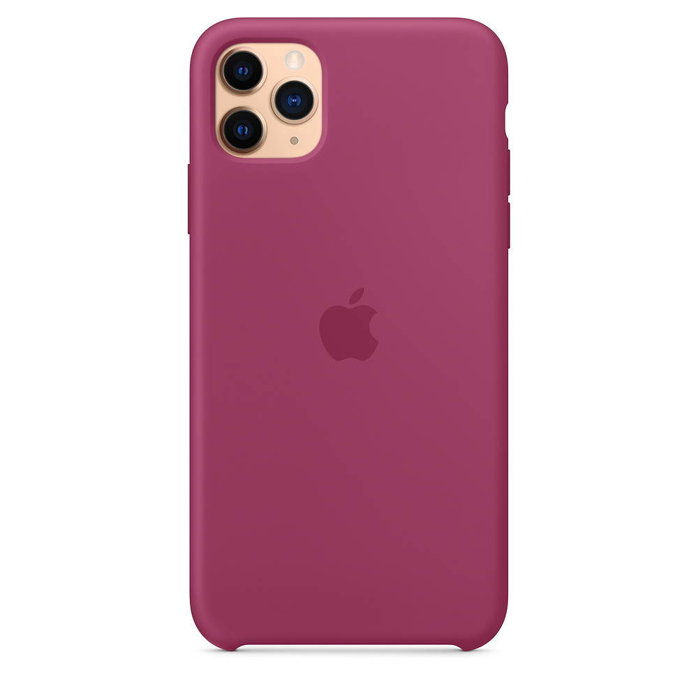 Een magenta iPhone 11 Pro-hoesje met het Apple-logo. De camerabult heeft drie lenzen en een flitser.