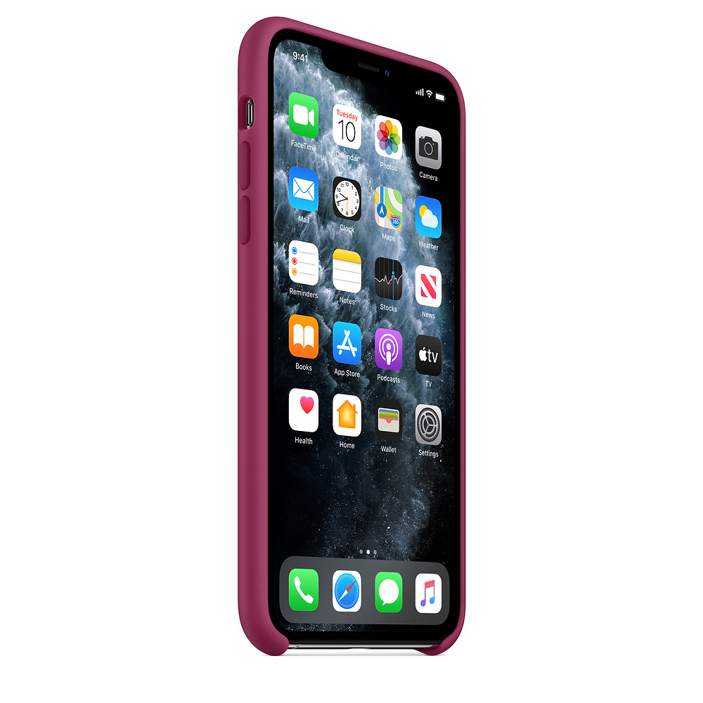 Een iPhone met een bordeauxrode hoes wordt weergegeven, met het startscherm met app-pictogrammen. De tijd is 9:41, dinsdag 10 oktober.