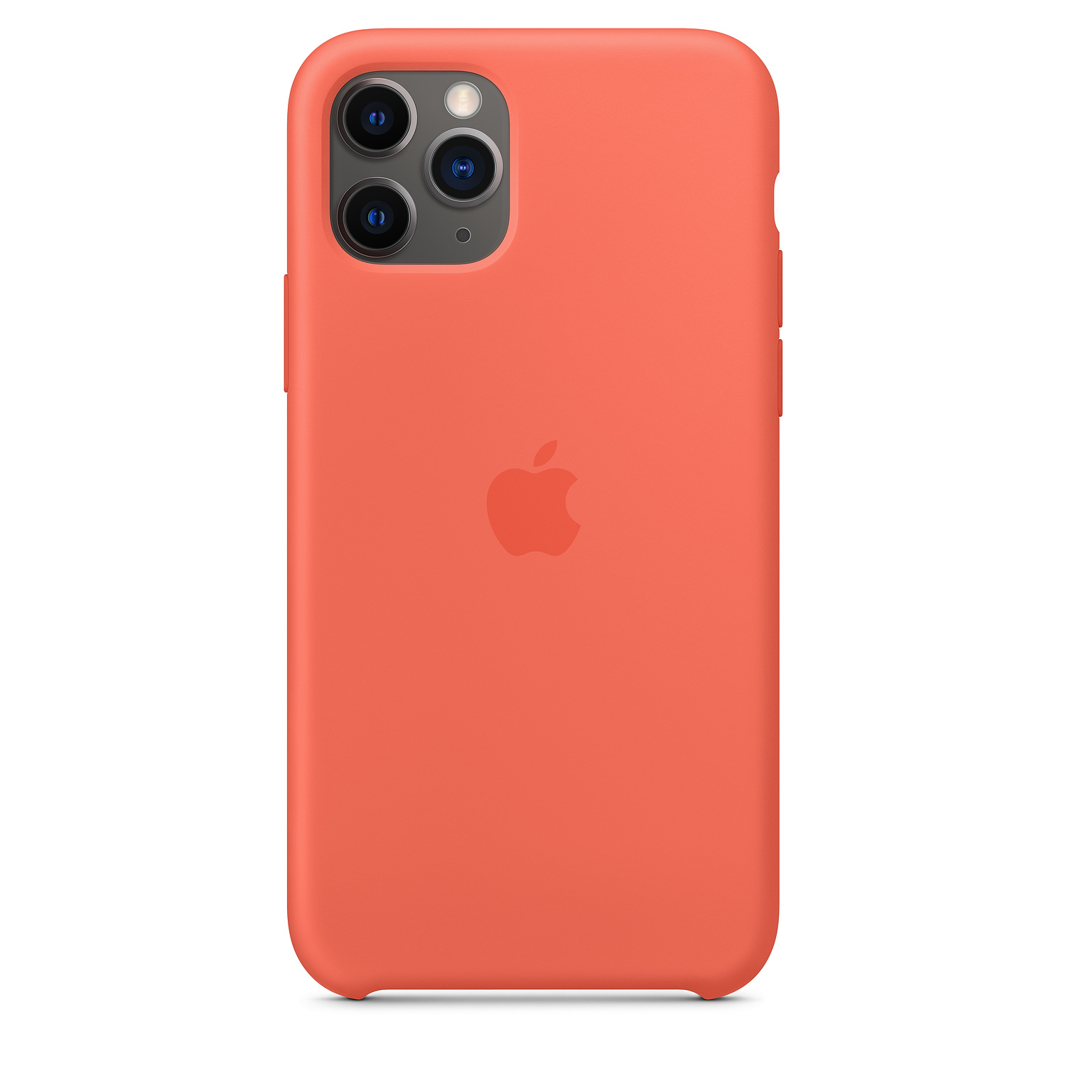Een oranje iPhone-hoesje met een drievoudige cameralens en een Apple-logo.
