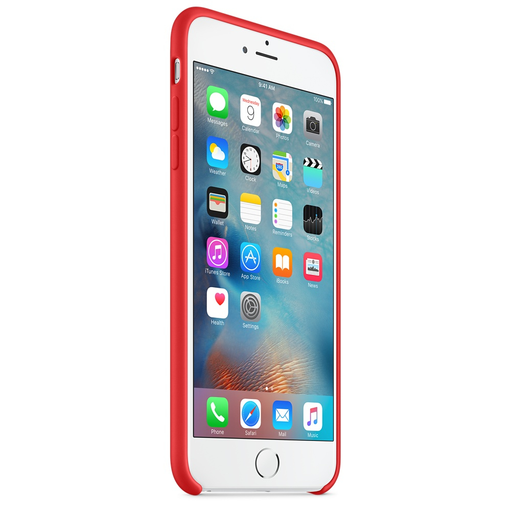 Ein iPhone mit roter Hülle zeigt App-Symbole auf dem Bildschirm. Das Telefon ist weiß mit einem runden Home-Button. Der Hintergrund ist weiß.
