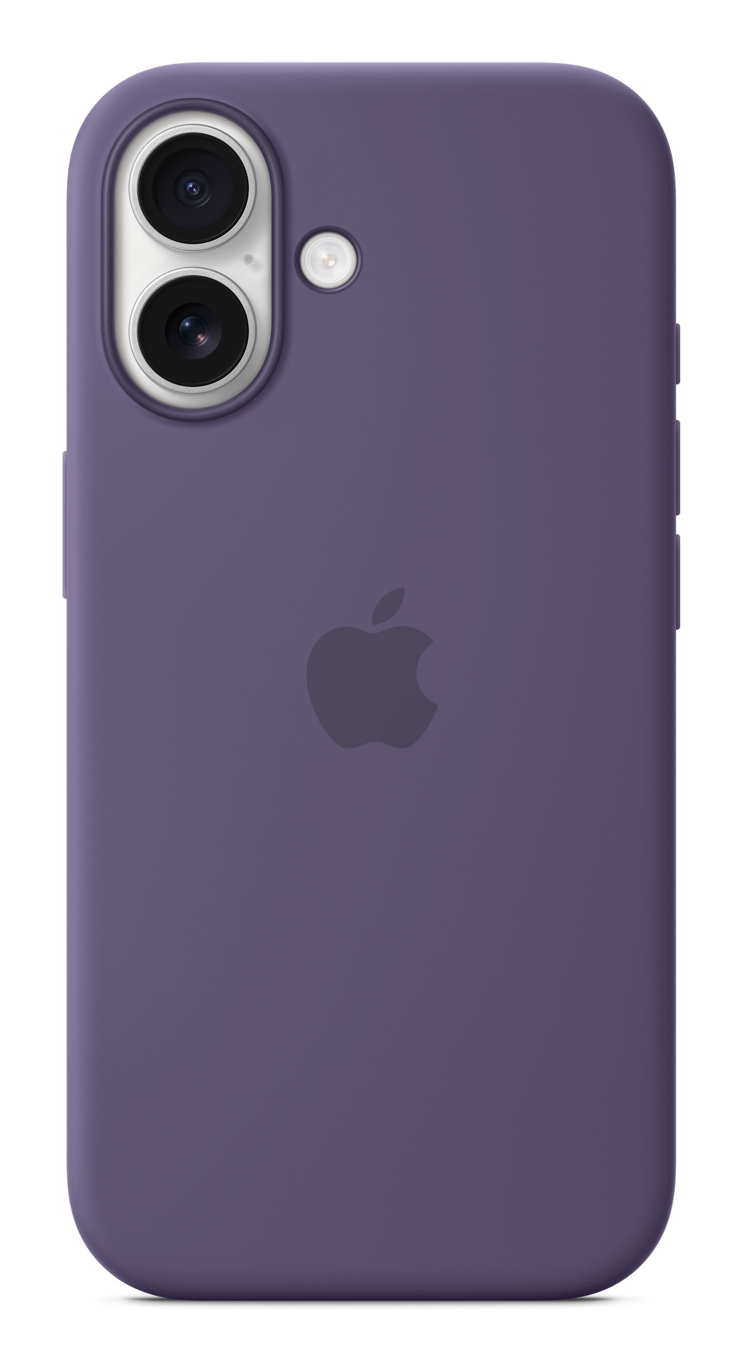 Custodia viola per telefono con fotocamera e logo Apple. La custodia è tinta unita, su sfondo bianco.