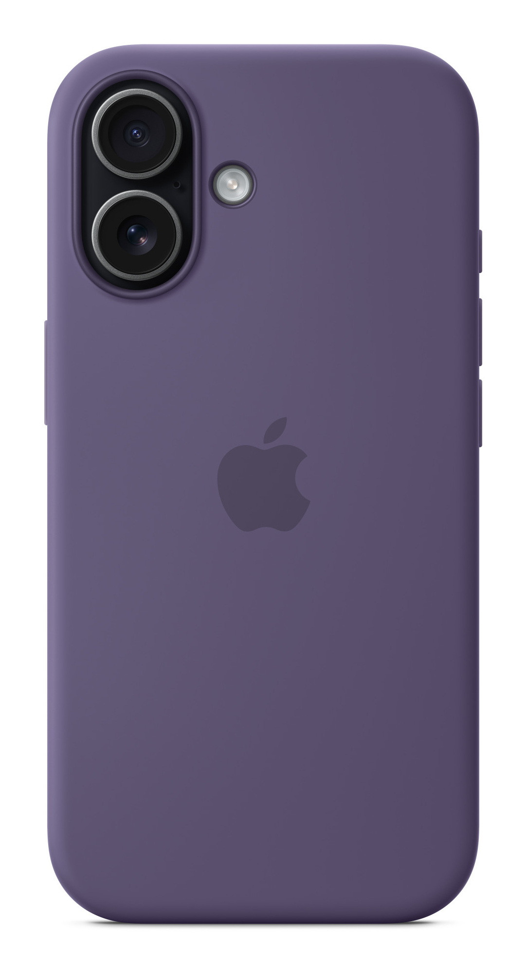 Custodia per telefono viola con lenti della fotocamera e logo Apple. La custodia è di colore pieno.