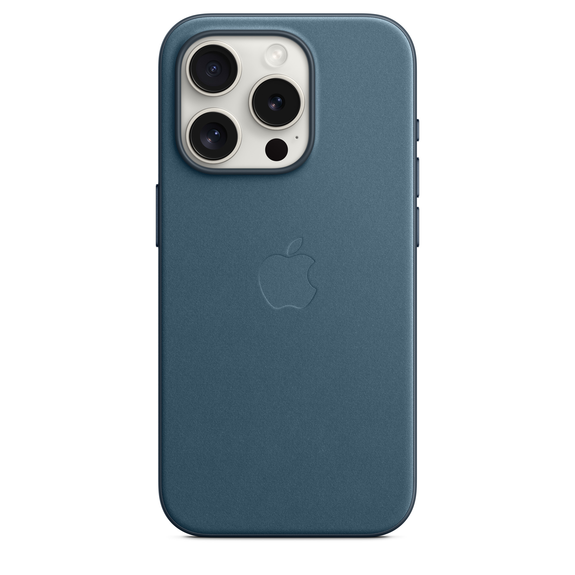 Blaue iPhone-Hülle mit drei Kameralinsen und Blitz. Das Apple-Logo ist dezent auf der Rückseite geprägt.