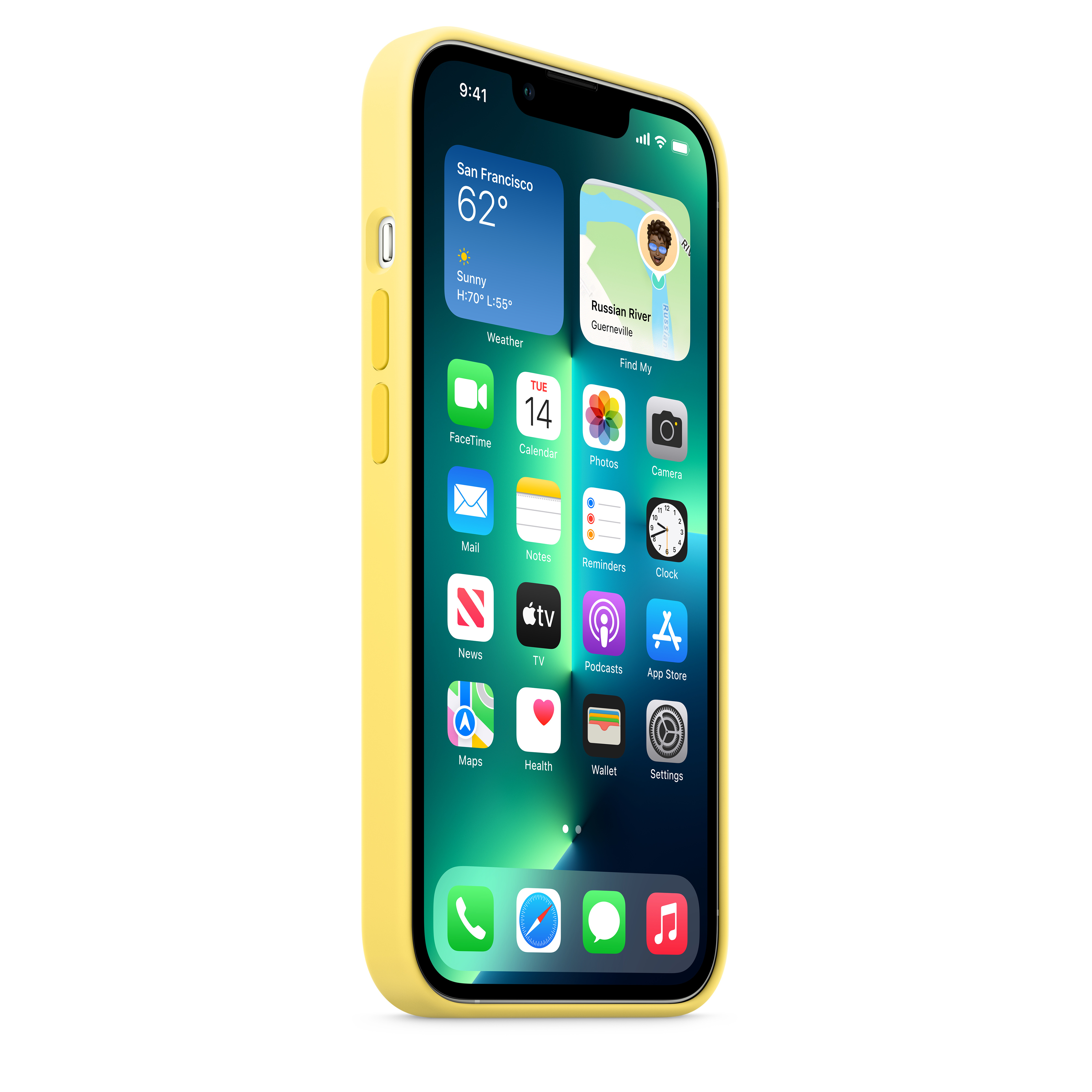iPhone in gelber Hülle mit App-Anzeige. Der Bildschirm zeigt Wetter, Kalender und andere App-Symbole.