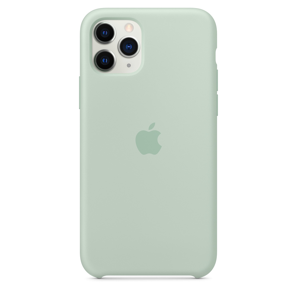 Une coque iPhone 11 Pro vert menthe, avec le logo Apple et triple caméra.
