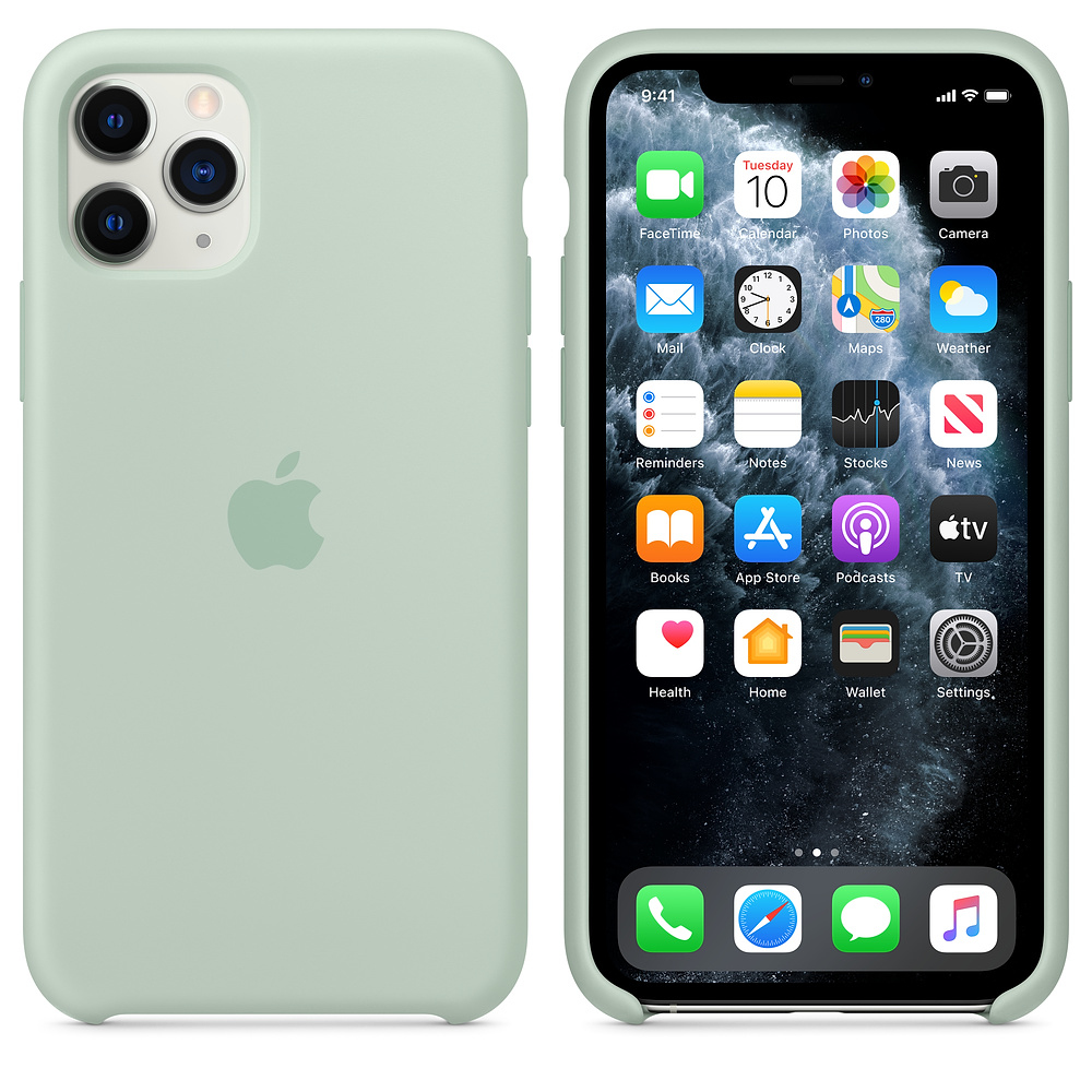 Un iPhone avec une coque vert clair est affiché, montrant l'écran d'accueil avec des icônes d'applications. L'étui est à gauche.