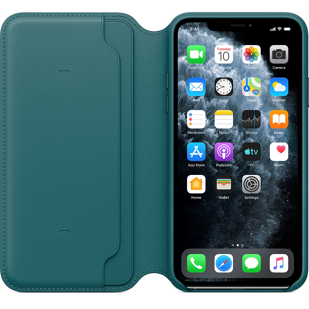 Ein iPhone-Bildschirm mit Apps in einer teal farbenen Lederhülle. Die Uhrzeit ist 9:41. Der Kalender zeigt Dienstag, den 10.