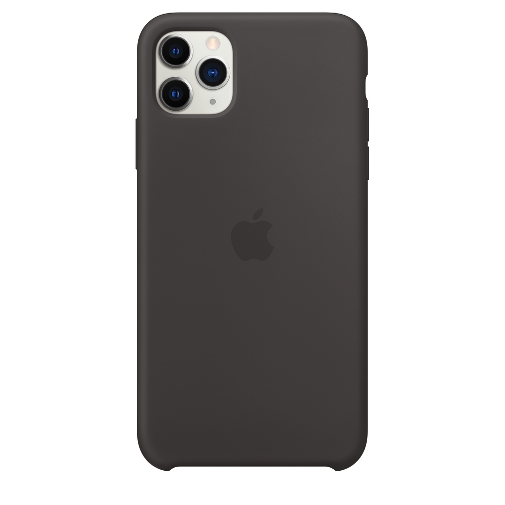 Een donkergrijze iPhone-hoes met een Apple-logo. De telefoon heeft drie camera's. De hoes bedekt de hele telefoon.