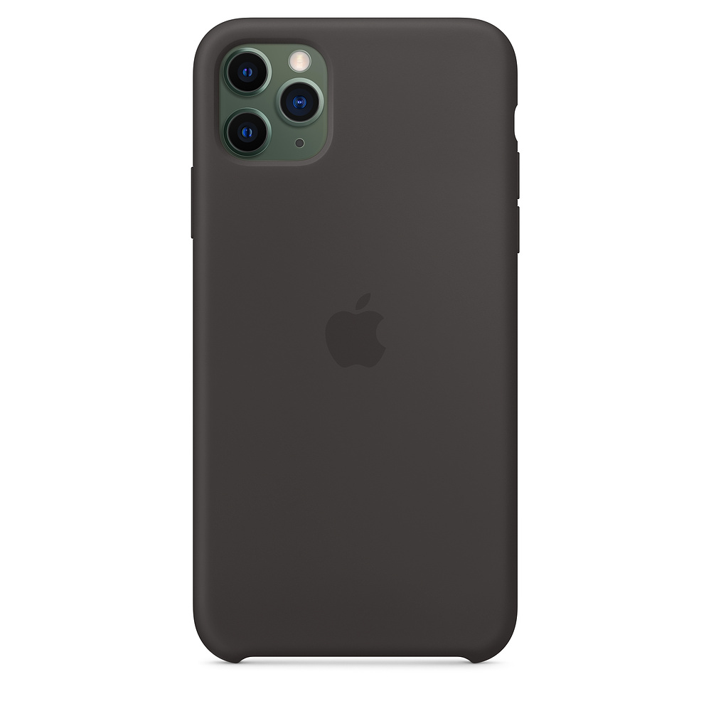 Een donkergrijze iPhone 11 Pro met drie cameralenzen is zichtbaar. Het Apple-logo staat in het midden. De hoes is glad.