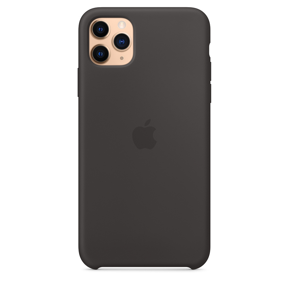 Een donkergrijze iPhone met een zwarte hoes. Het Apple-logo staat in het midden. De camera heeft drie lenzen en een flitser.