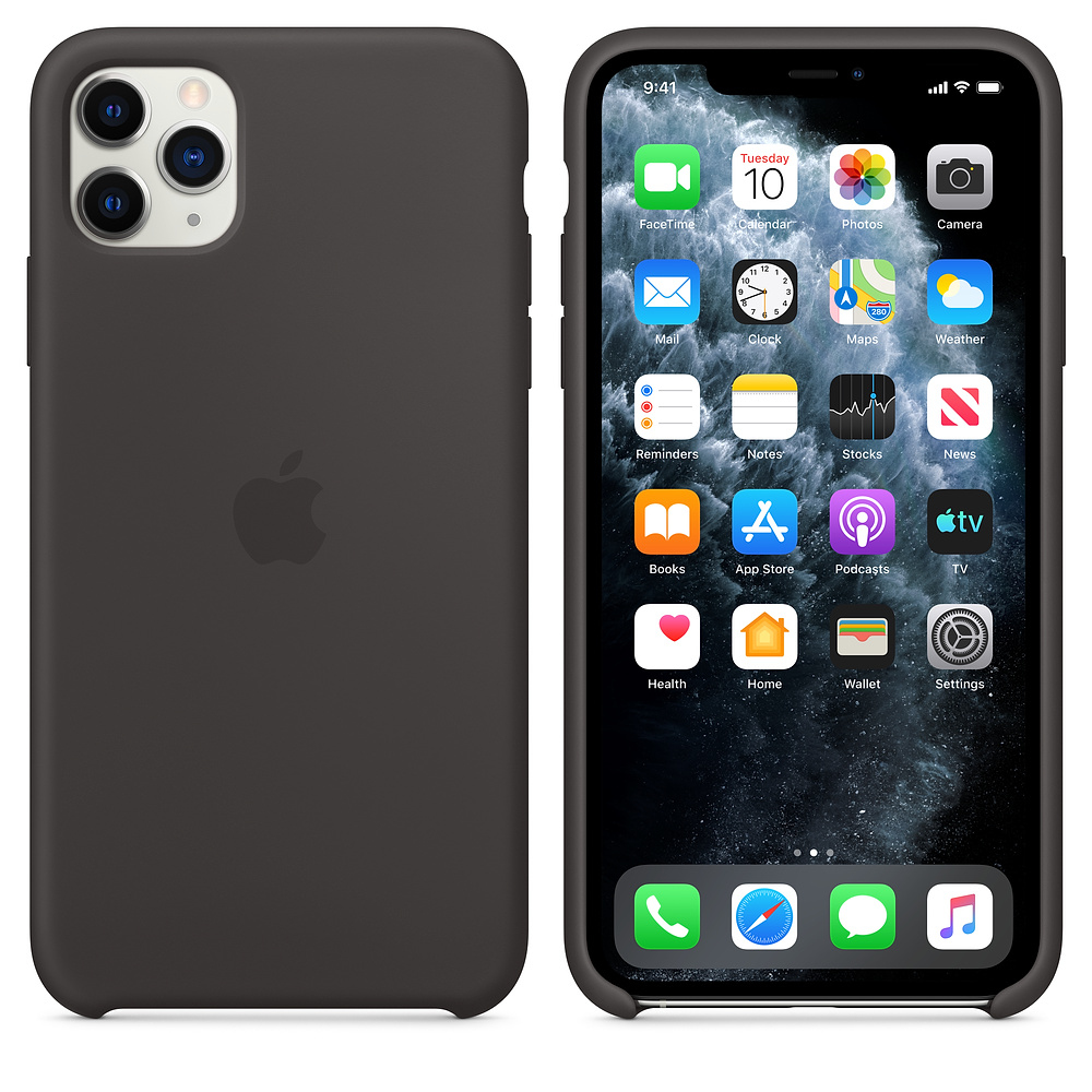 Een iPhone met een zwarte hoes toont een startscherm met app-iconen. De telefoon staat op een witte achtergrond.