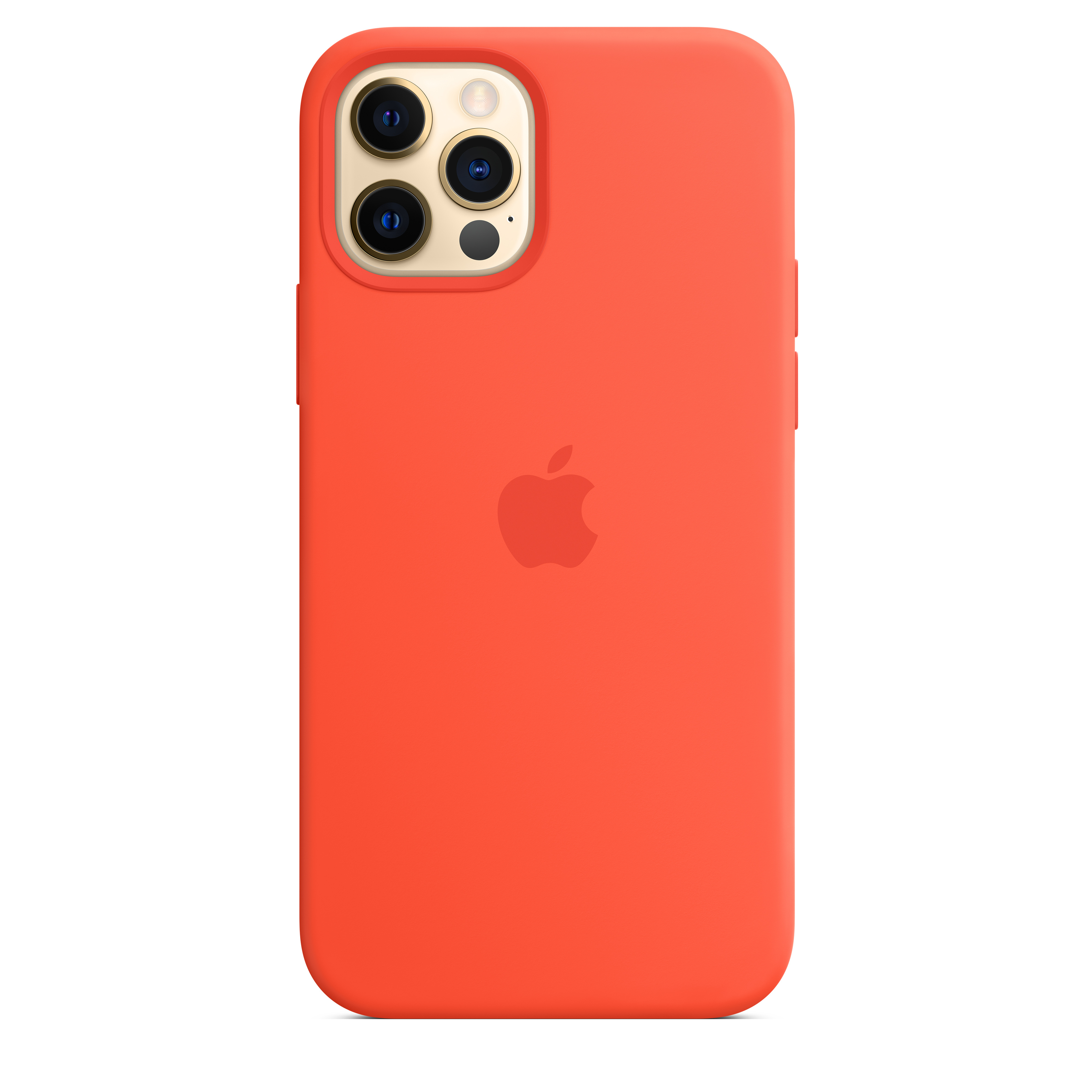 Eine orangefarbene iPhone-Hülle mit einer Dreifach-Linsen-Kamera und einem Apple-Logo. Die Hülle ist glatt und fest.