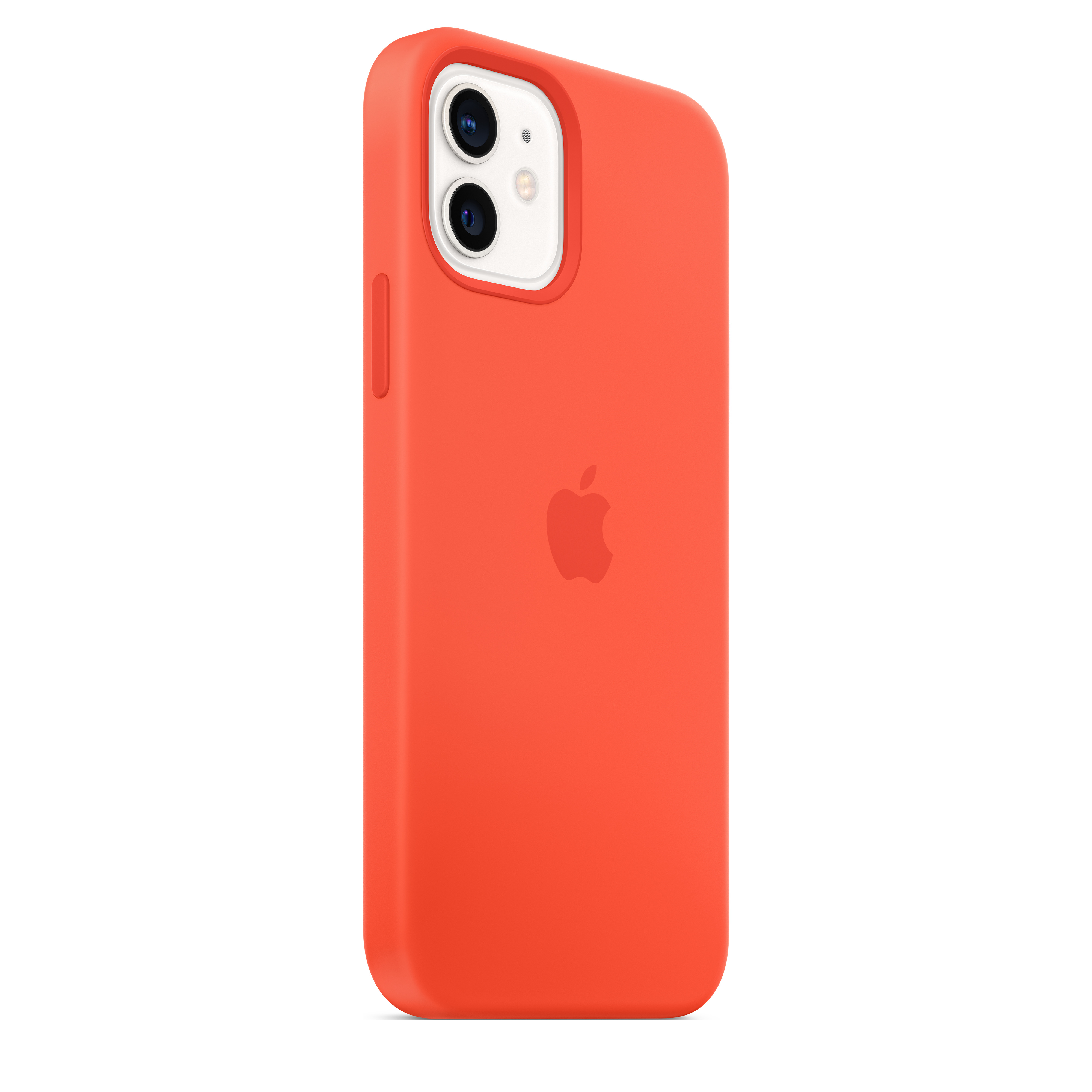 Eine orangefarbene iPhone-Hülle auf weißem Hintergrund. Mit Dual-Kamera, Apple-Logo und Seitentasten.