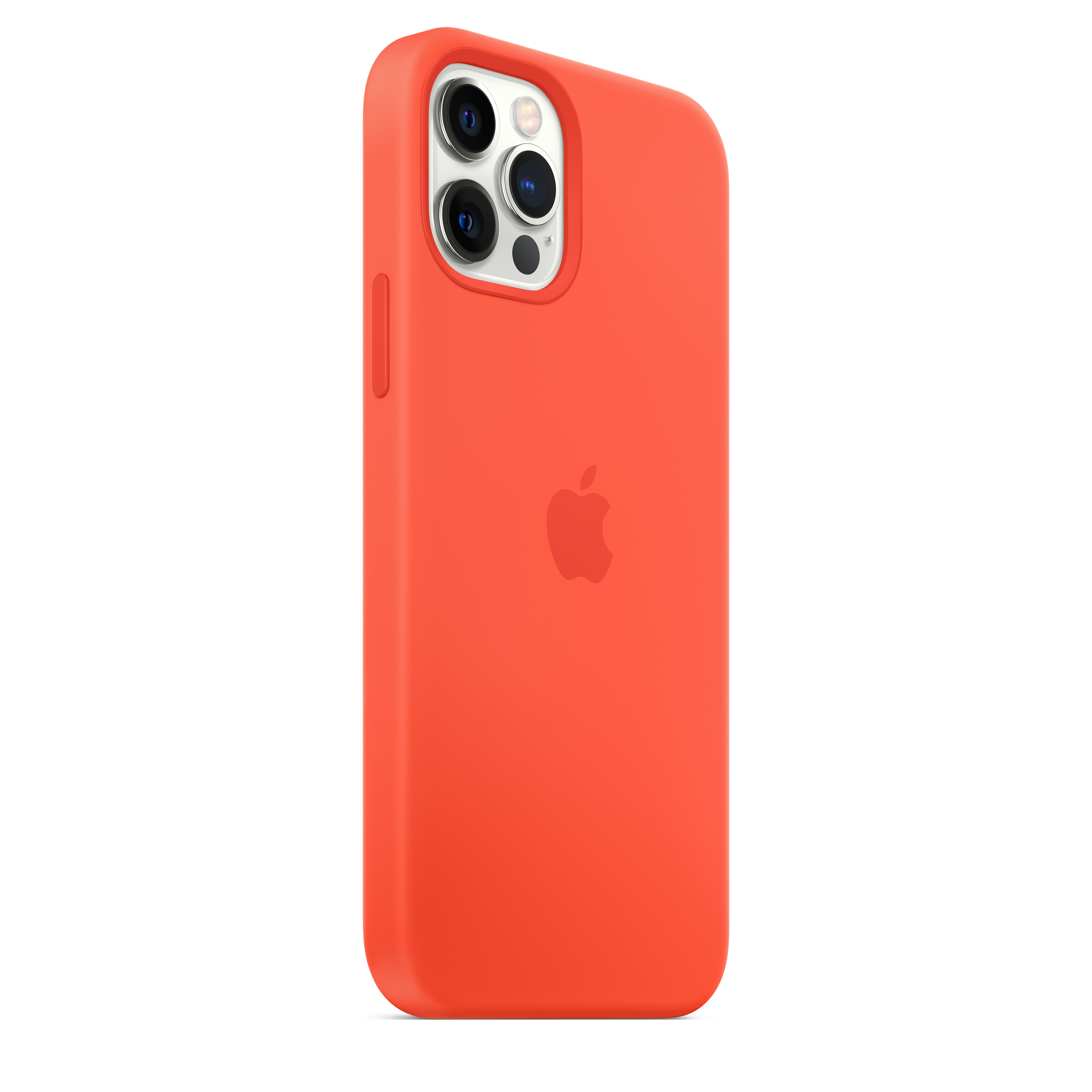 Eine orangefarbene iPhone-Hülle mit dem Apple-Logo. Die Hülle umgibt das Telefon und die Kameralinsen. Weißer Hintergrund.