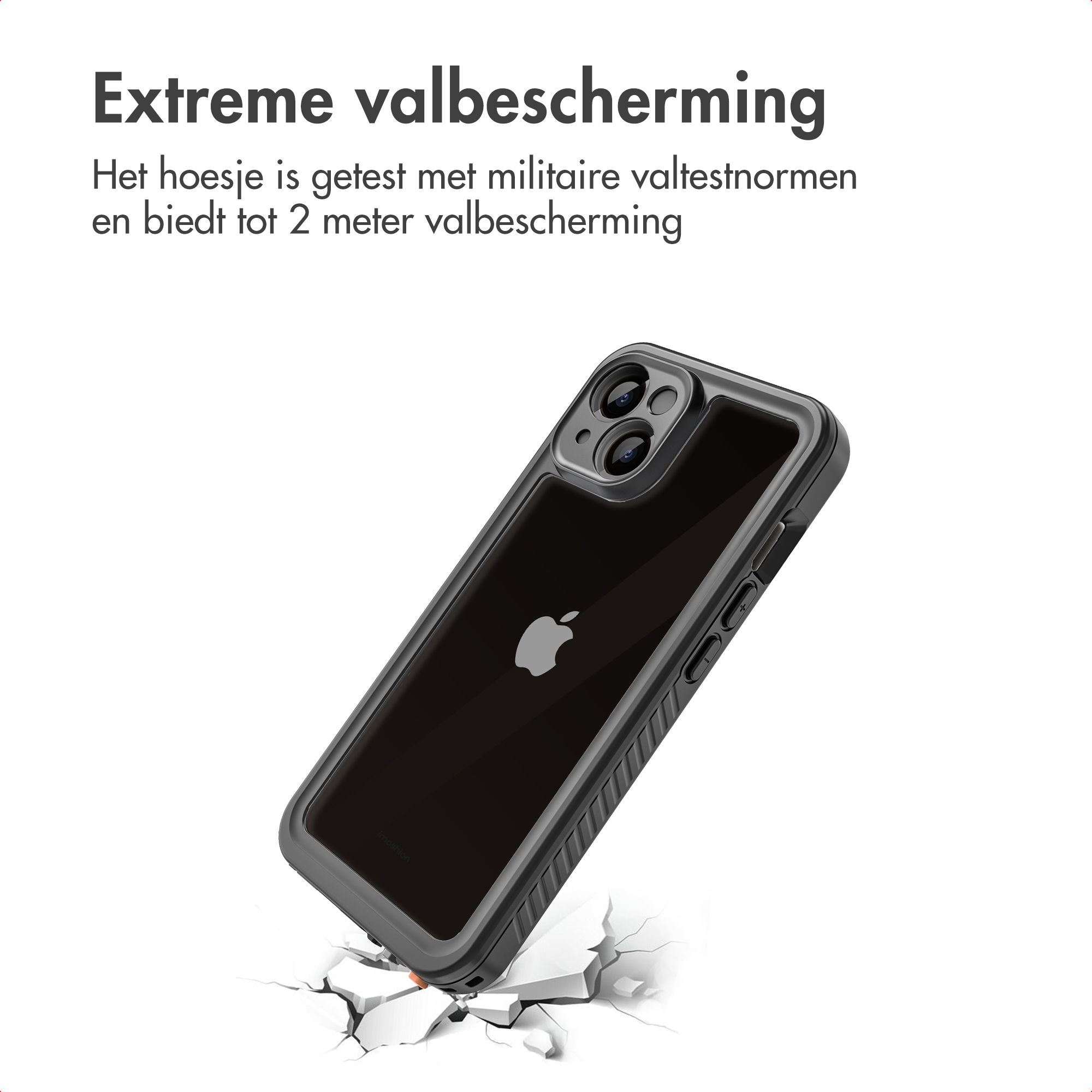 A phone case is shown, angled downwards. It is encased in a protective case, with cracks beneath it. Text at the top.