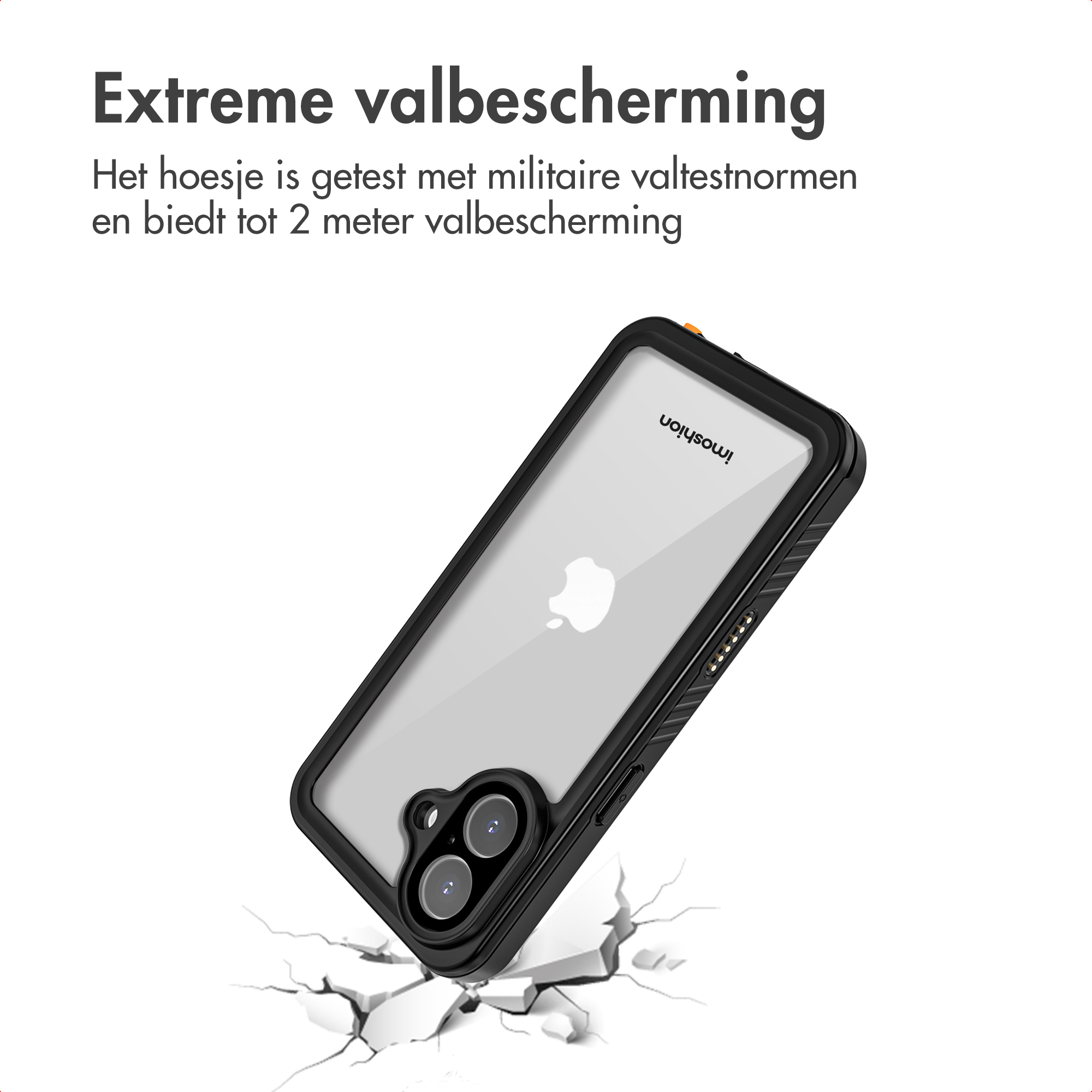 Zwarte telefoonhoes, doorzichtige achterkant, schuin. Tekst: Extreme valbescherming. 