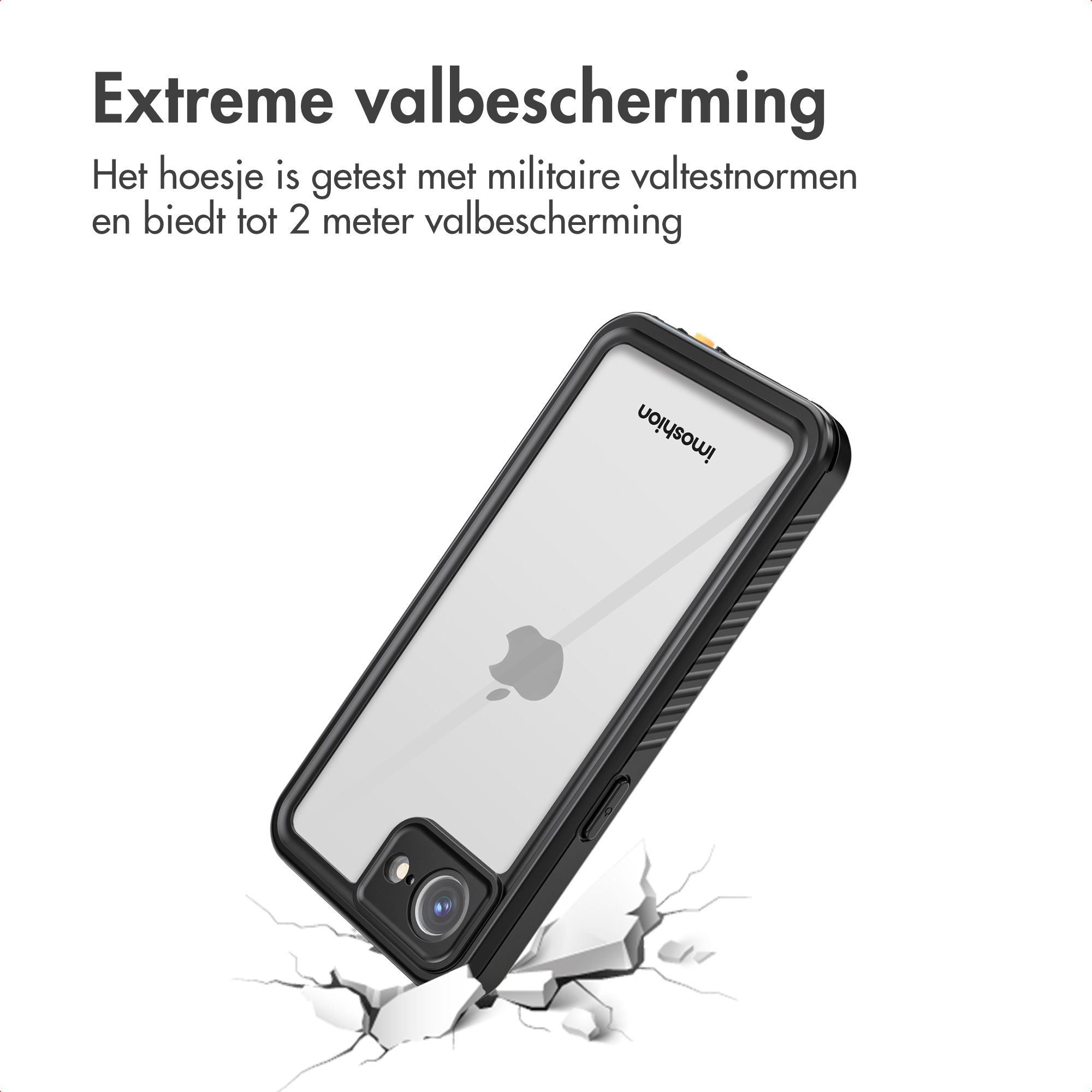 A phone in a case appears to be dropped, the case has the brand 'Imoshion'. The surface below cracks.