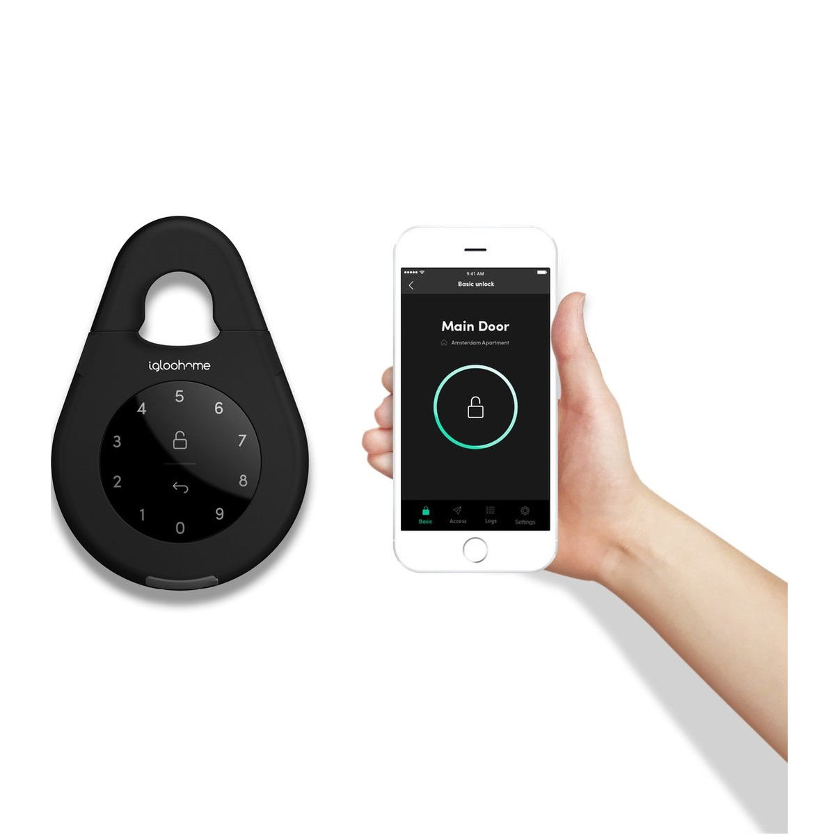 Schwarzes Smart Lock und Telefon mit Schlossbildschirm. Eine Hand hält das Telefon in der Nähe des Schlosses. Weißer Hintergrund.