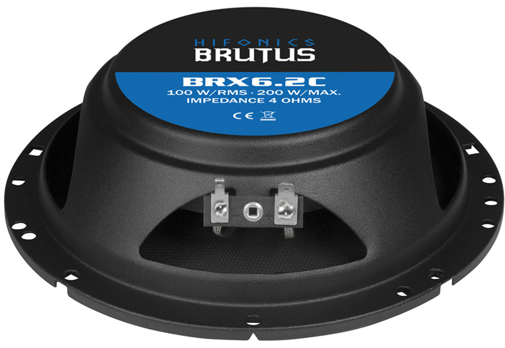 Schwarzer Lautsprecher mit blauem zentralen Etikett. Auf dem Etikett steht 'Hifonics Brutus BRX6.2C' und Spezifikationen.